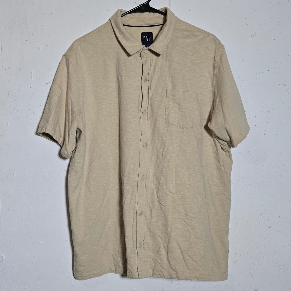 Gap Mens Soft Short Sleeve Knit Button Down Shirt XL Tan Khaki Neutral Earthy